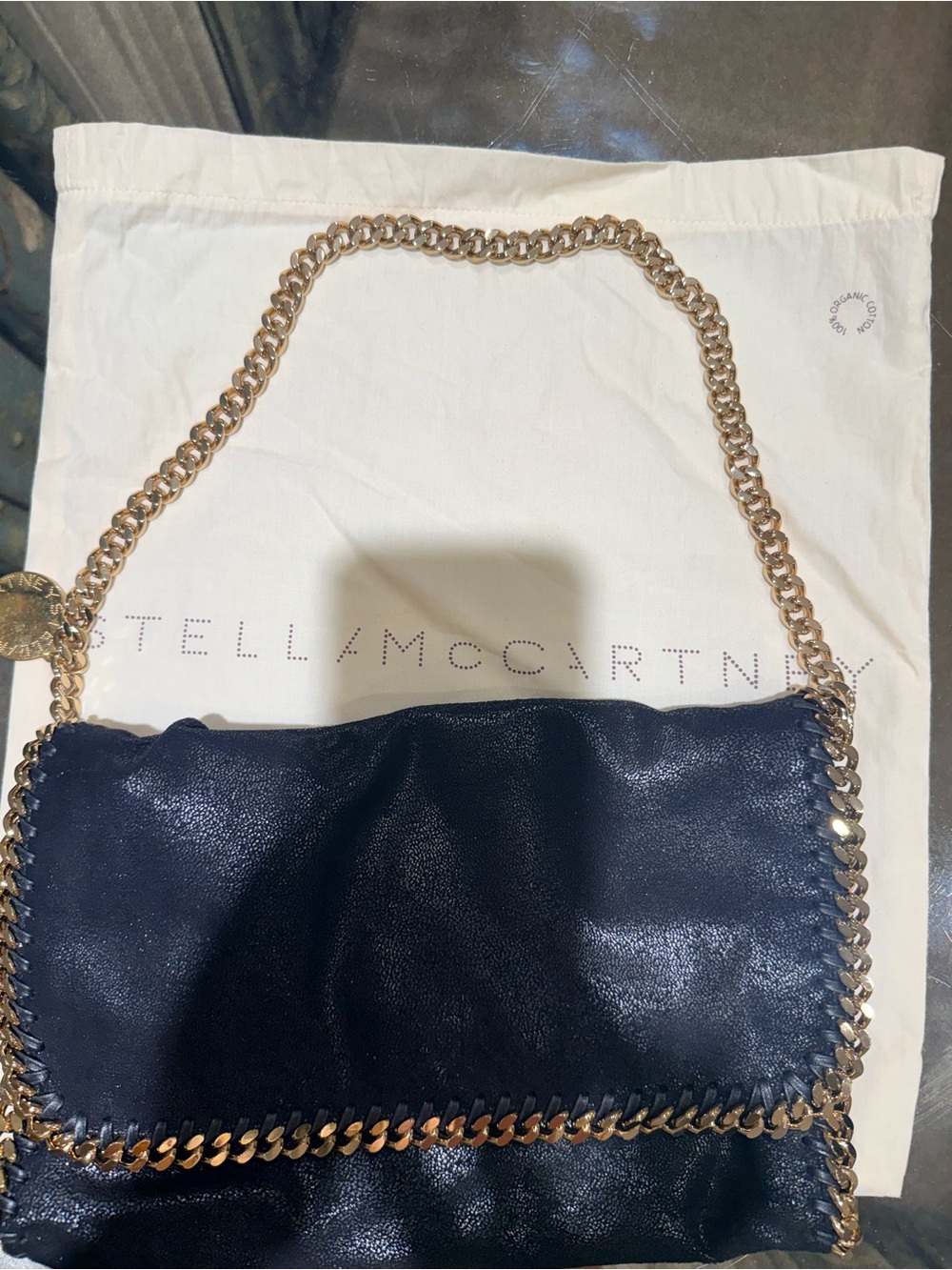 Stella McCartney Navy Falabella Shoulder Bag with Gold Chain Trim